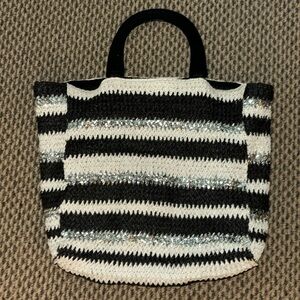 Black white and silver straw beach bag